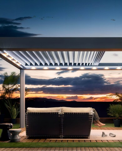 Pergola Bella à toit rétractable en aluminium en position ouverte