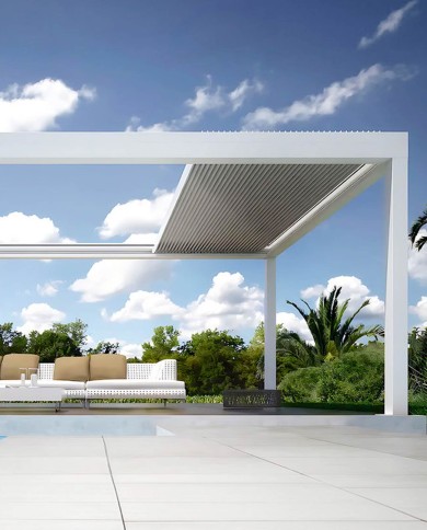 Pergola Bella à toit rétractable en aluminium en position ouverte en blanc