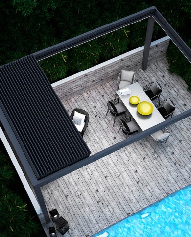 Pergola Bella à toit rétractable en aluminium vue de dessus en position ouverte