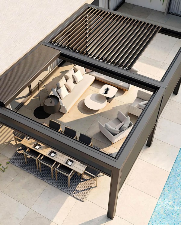 Pergola Bella à toit rétractable en aluminium avec installation contre un mur