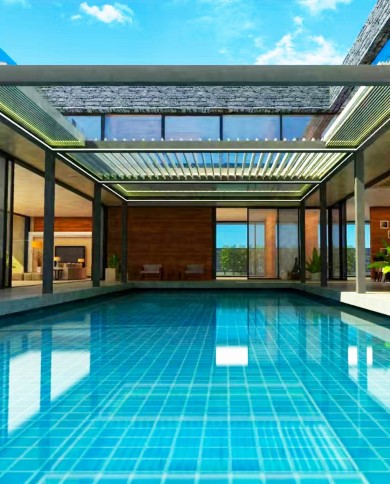 Pergola Bella à toit rétractable en aluminium utilisée pour couvrir une piscine
