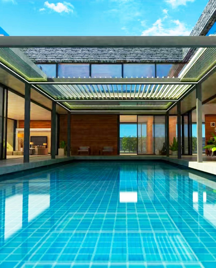 Pergola Bella à toit rétractable en aluminium utilisée pour couvrir une piscine