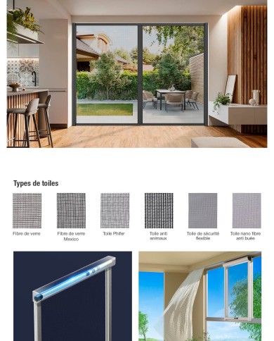 Moustiquaire pour porte ou fenêtre 1 ou 2 vantaux avec les types de toiles